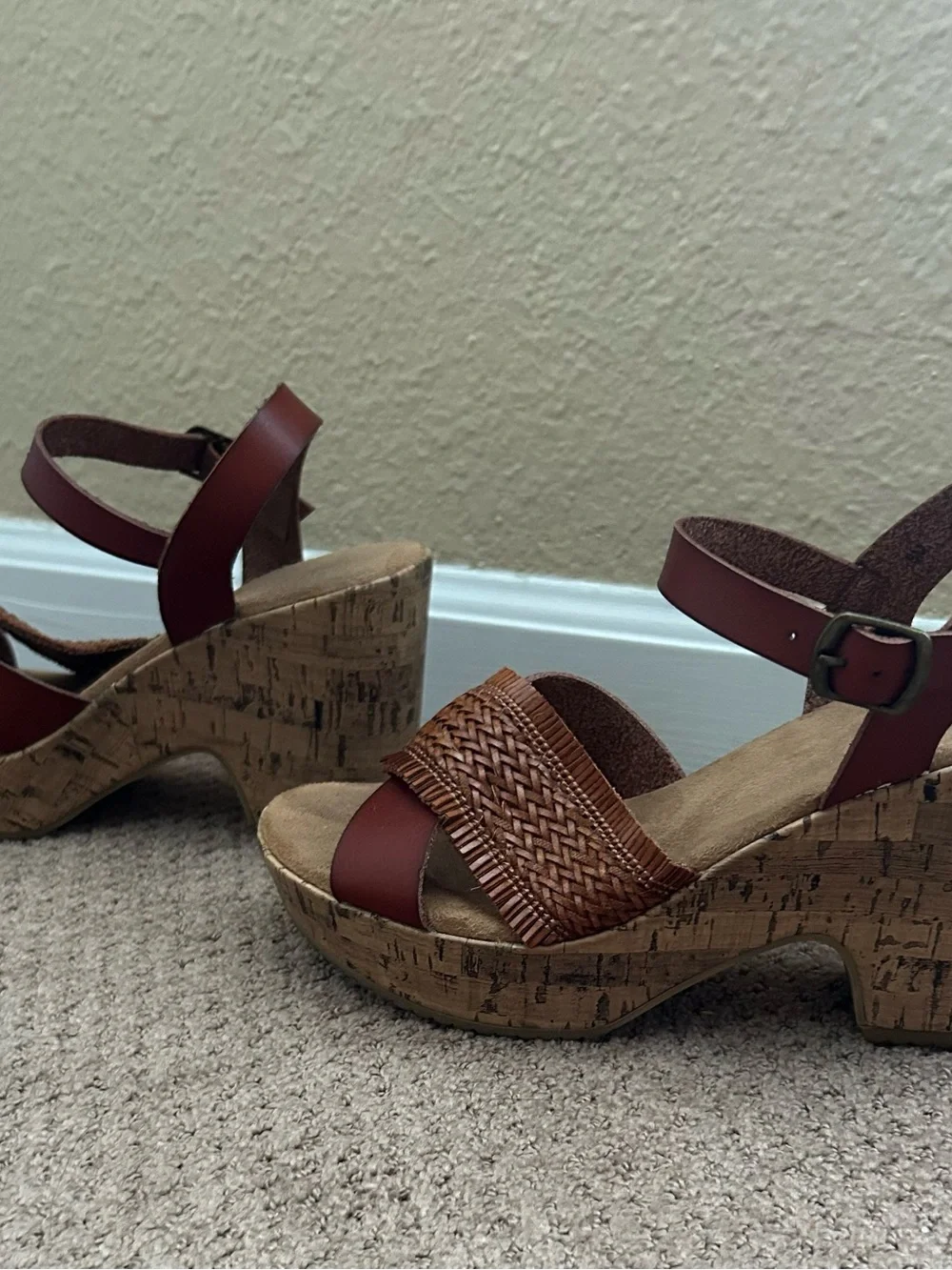 Maurices Tan/Brown Woven Leather Wedge Sandals
